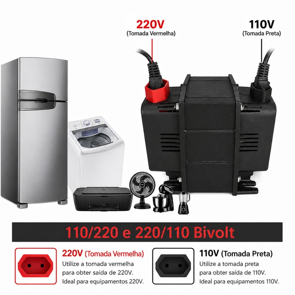 Auto Transformador 2000va 110/220 e 220/110 Bivolt Conversor De Voltagem 1000w Rabicho 3 Pinos