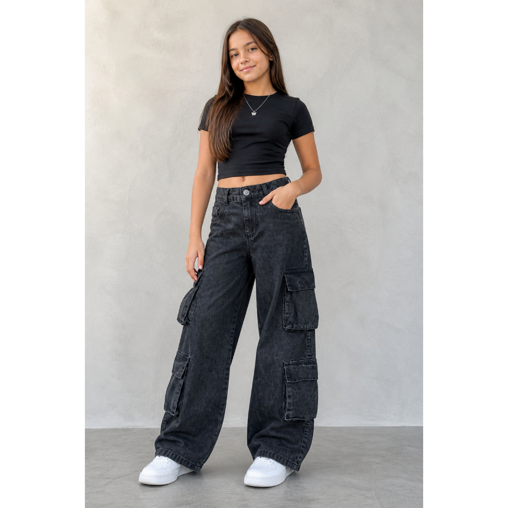Calça wind leg quatro bolsos grafite marmorizado blogueirinha feminina menina