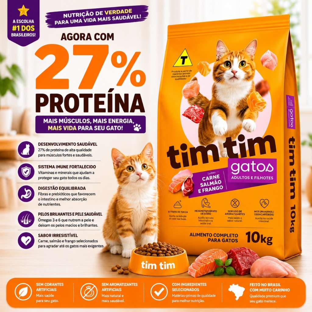 Ração Gato Filhote Adulto 10kg Tim Tim Cat Carne Salmão Frango 27% Proteína