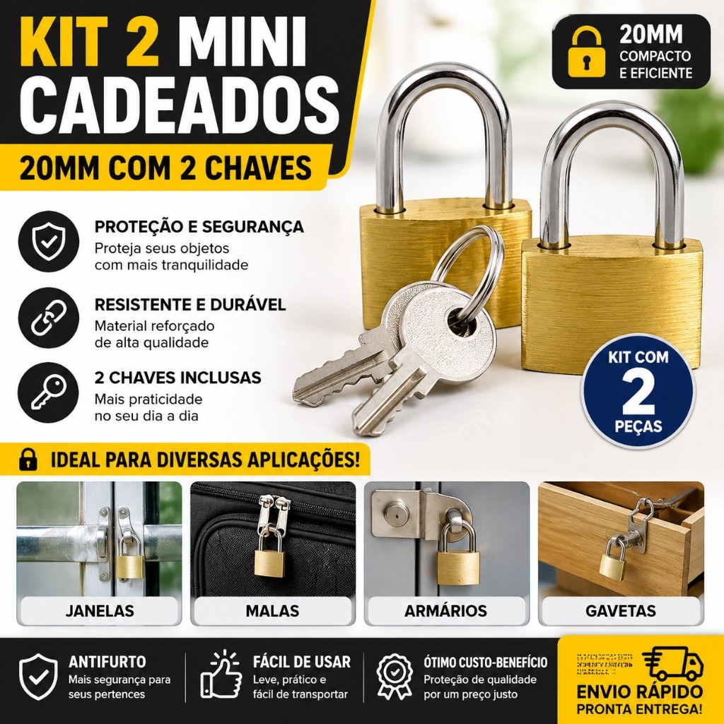 Kit 2 Mini Cadeados 20mm Com Chaves Para Mala Armário Janela