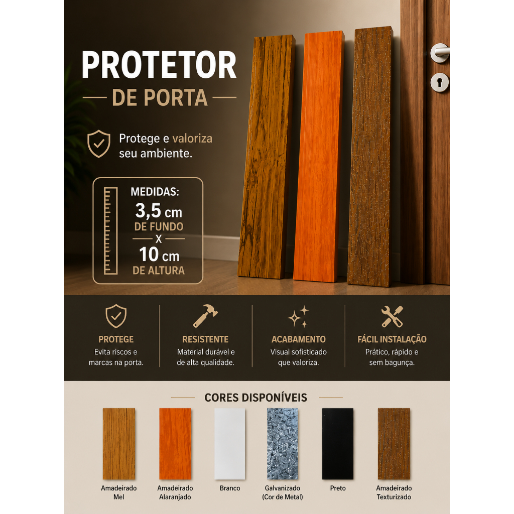Protetor Salva Porta Por Pressão 3,5x10cm Madeira/Branco/Preto/Galvanizado Pintura Eletrostática