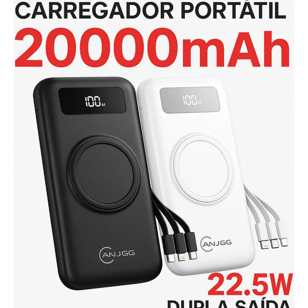 Carregador Portátil Sem Fio Por Indução PowerBank 20000mAh Com Cabos Inclusos Embutidos Rápido Turbo
