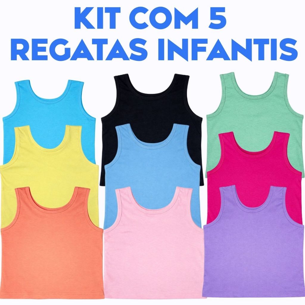 Kit 5 Camisetas Regatas Infantil e Bebê para Menino e Menina Lisa de Algodão Para Calor De Verão Confortável