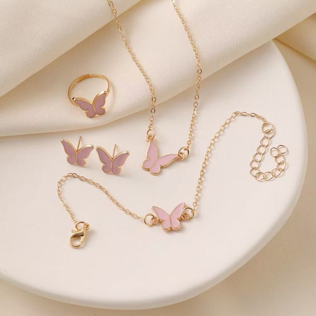 Kit Borboleta Feminino Colar Pulseira Brinco Anel Rosa Dourado Delicado Presente Bella Bijou Luxo