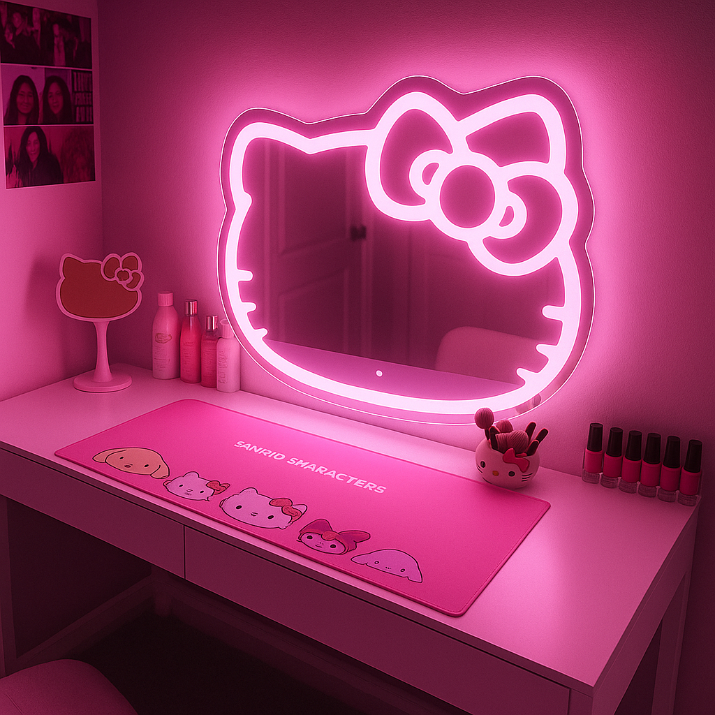 Espelho Infantil de Penteadeira Gatinha Com Led Três Cores e Botão Touch 70x65 cm