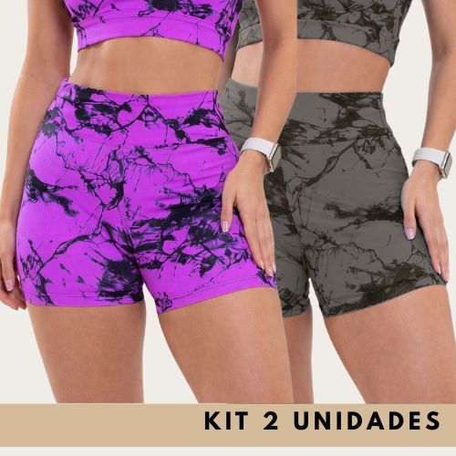 Kit 2 Shorts Feminino Fitness Tie Dye Marmorizado Cintura Alta Zero Transparencia Feminino