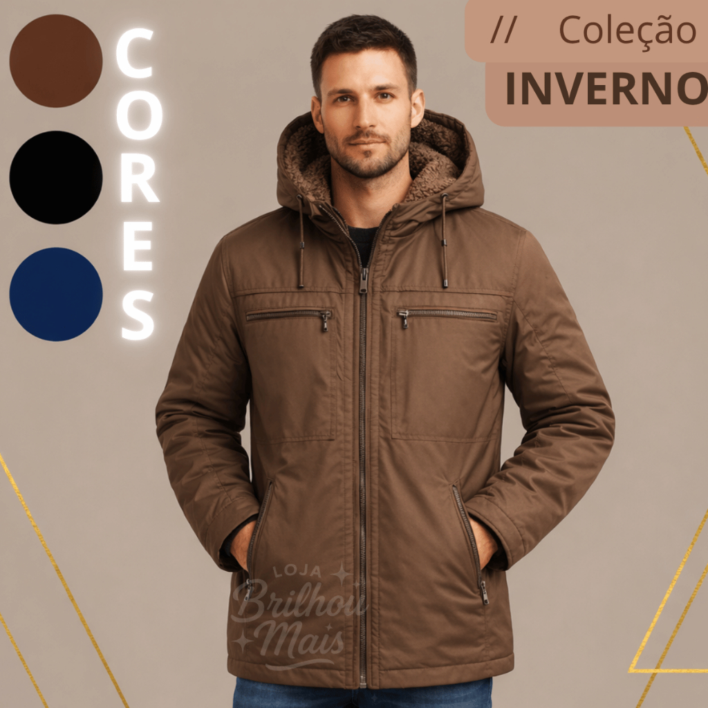 Jaqueta Masculina Sarja Forrada Premium Bolsos Touca Removível Zíper Impermeável Blusa Inverno