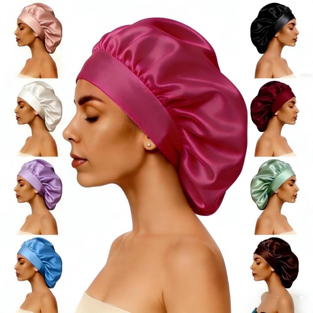 Kit Touca/Gorro de Dormir de Cetim com Aba Faixa Larga Gigante Cabelo Anti Frizz Toca Head