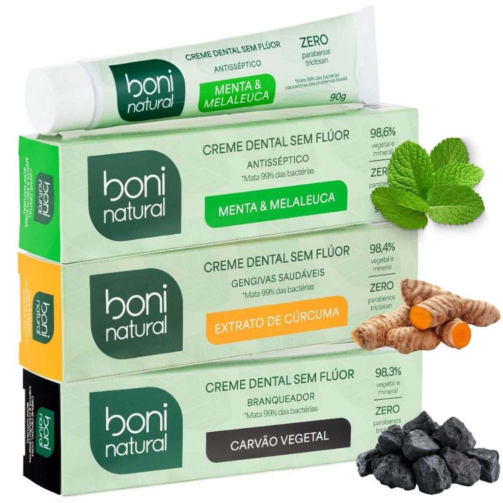 Kit 3 Creme Dental Vegano Boni Natural Sem Flúor - Melaleuca, Carvão, Cúrcuma