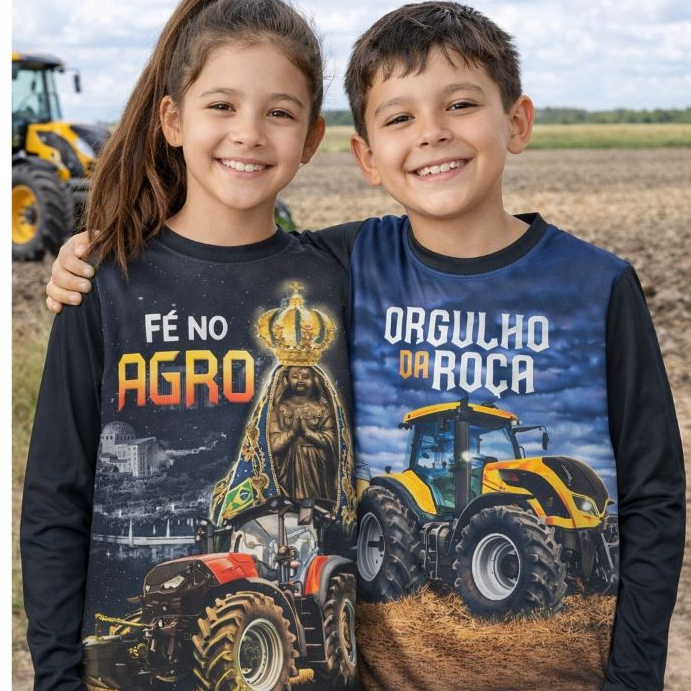 Camisa Térmica Infantil Proteção Solar UV50+ Agro estampada Masculina e Feminina Manga Longa trator