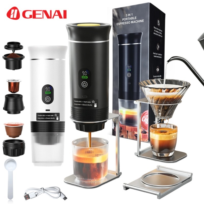 Máquina de Café Portátil 3 em 1 com Extração de Alta Pressão, Suporta Cápsulas e Pó de