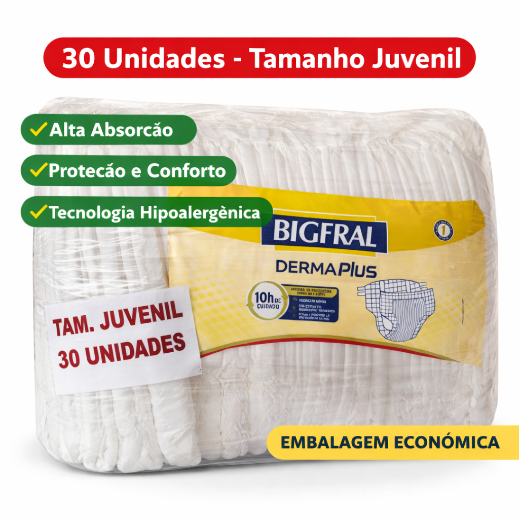 Fralda Descartável Bigfral DermaPlus Tam Juvenil 30 Unidades Alta Absorção Envio Imediato