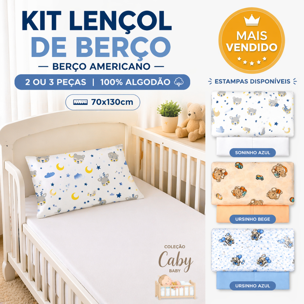 Kit Atacado 3 Jogo Berço Americano 100% Algodão – Lençol Liso + Fronhas Estampadas 70x130