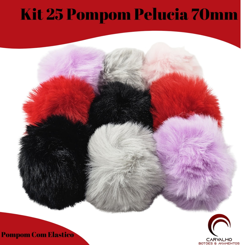 Kit 25 Pompom Pelucia Com Elastico 70mm Para Chaveiro Envio Rapido