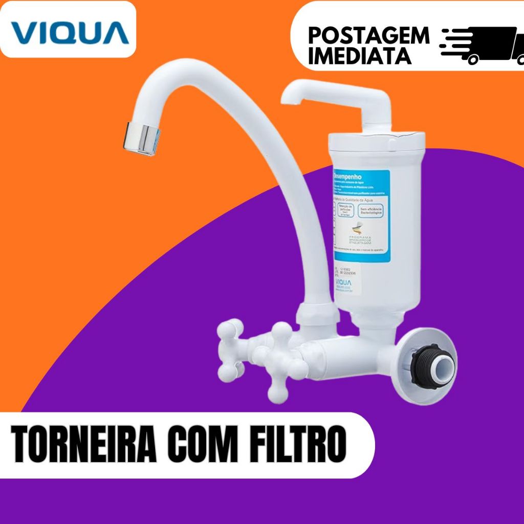 Torneira Filtro Branca Bica Móvel Parede Marujá VIQUA ABS Arejador Tripla Filtração + refil