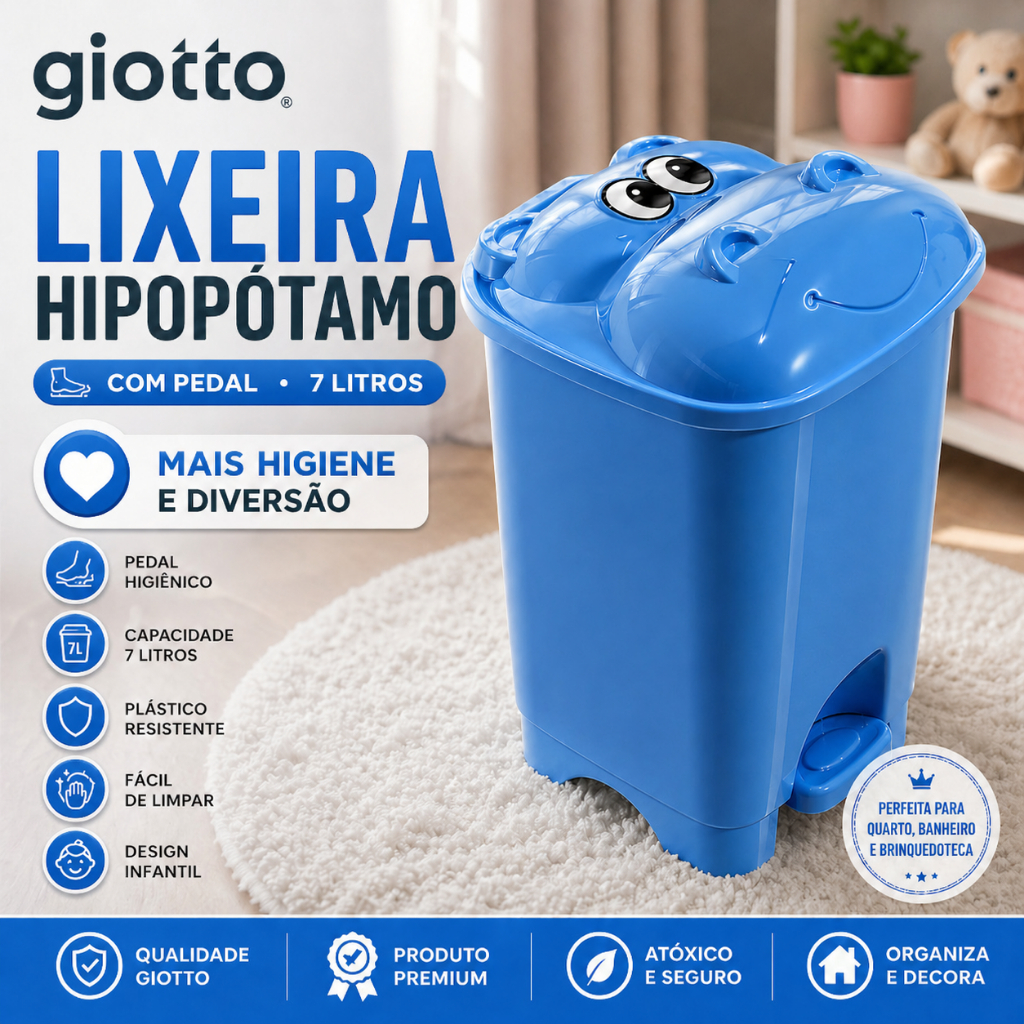 Lixeira Infantil Hipopotamo Azul 7L Com Pedal Fofinho Meninos Masculino desenho Quarto Organização