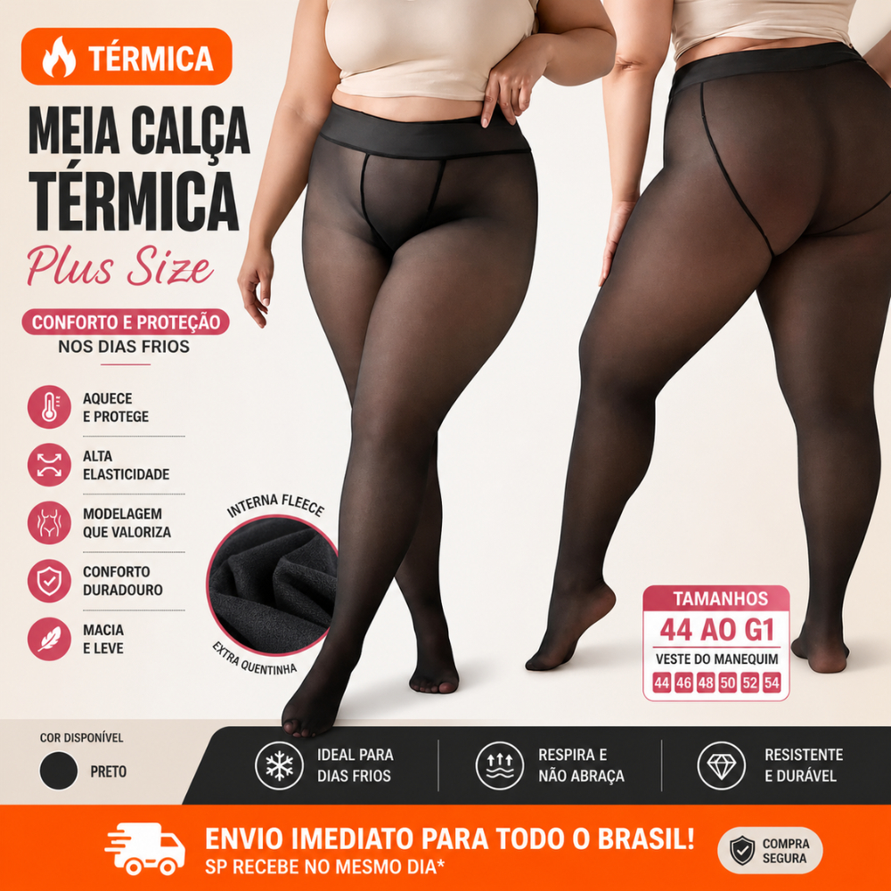 Meia Calça Térmica Feminina Plus Size Forrada Peluciada Segunda Pele Legging Thermal Translucida Inverno Intenso de Lã