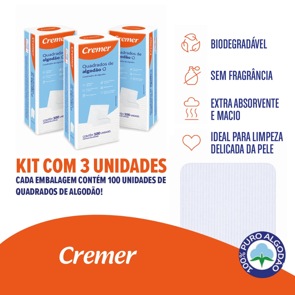 Kit 3 pacotes de  Algodão Cremer Quadrado 100% Algodão Puro Para Skincare Higiene e Bebê | 300 un
