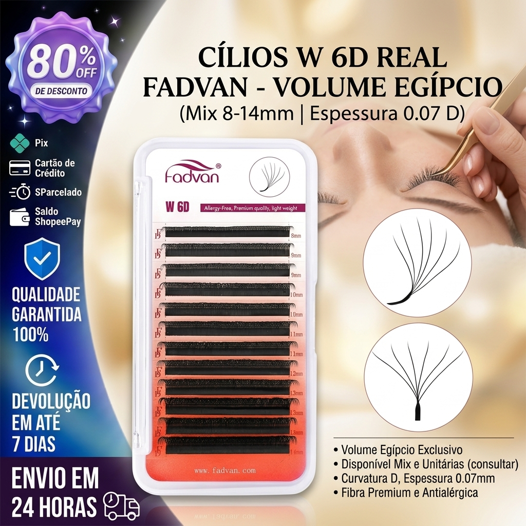 Cílios W 6D Real Fadvan 0.07 D Caixa Mix ou Unitárias Volume Egípcio