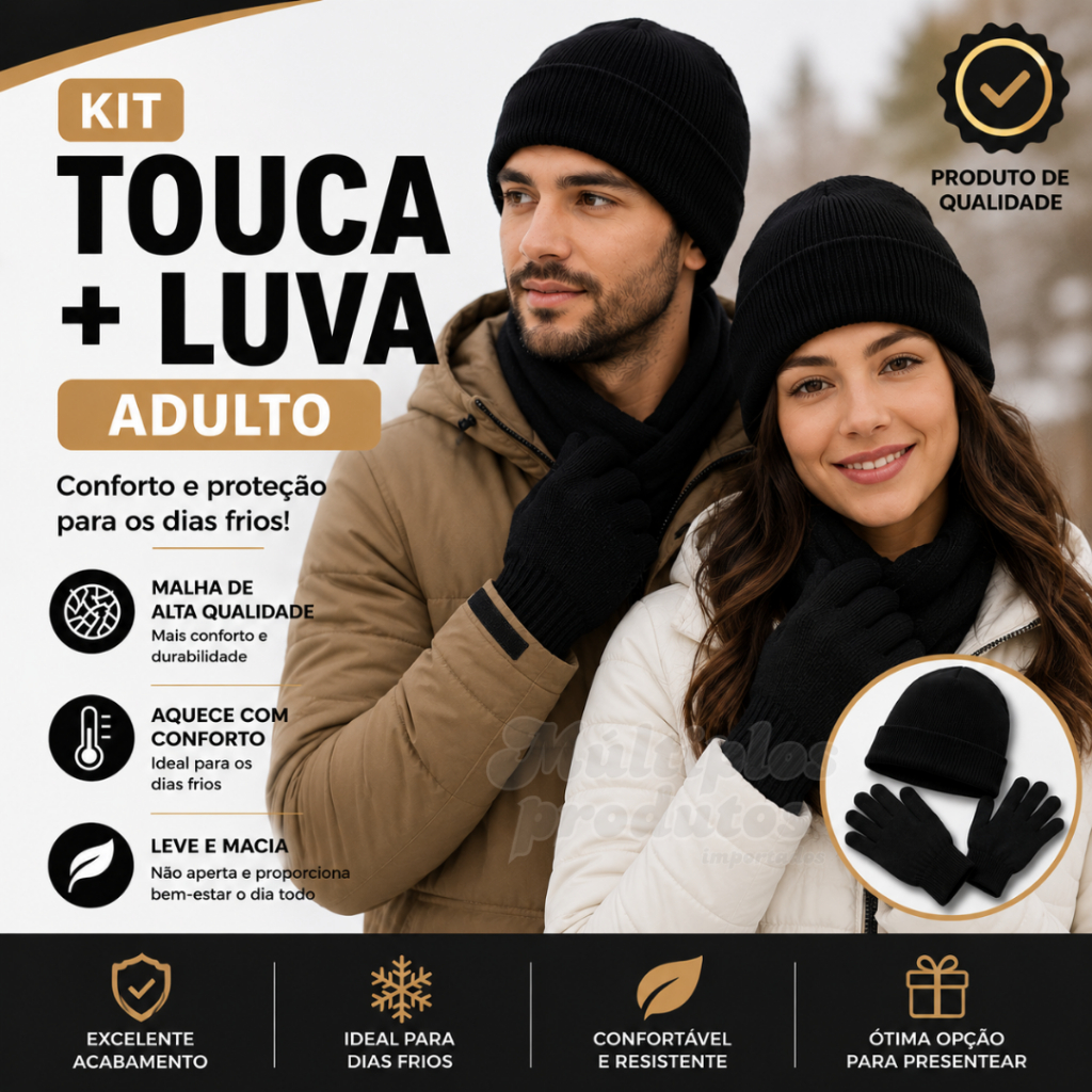 Kit Touca e Luvas Lã Adulto Inverno Frio Adulto Viagem Férias Proteção Conforto Ajustável Homem Mulher Unissex