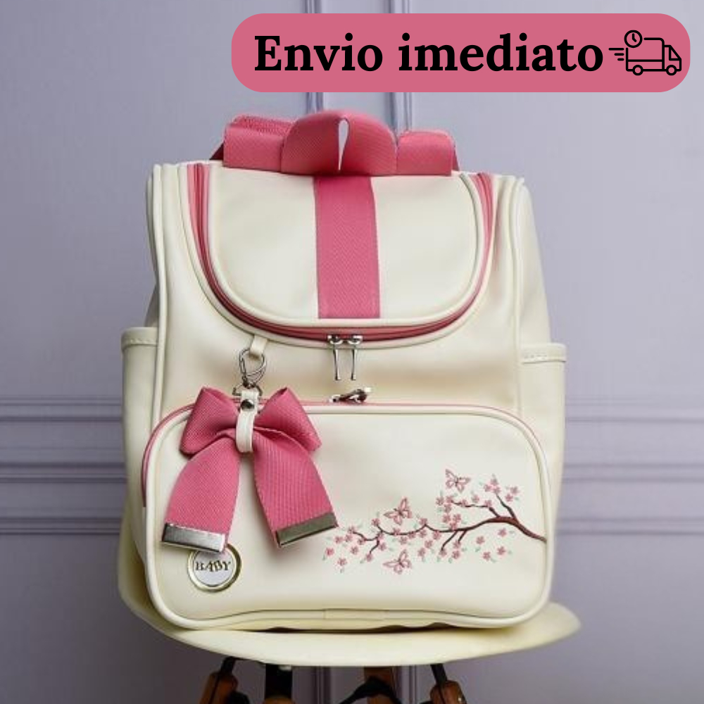 Mochila Maternidade Multifuncional Impermeável Bordado de Flor e Leãozinho Menina/Menino