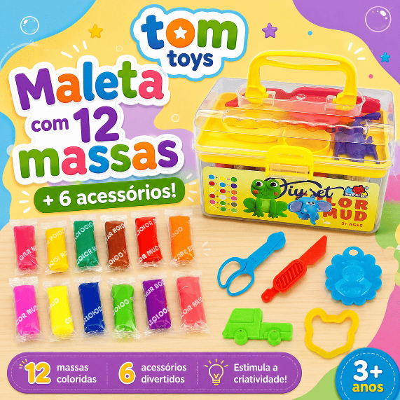 Massinha de Modelar Infantil Maleta 12 Massas 6 Acessórios