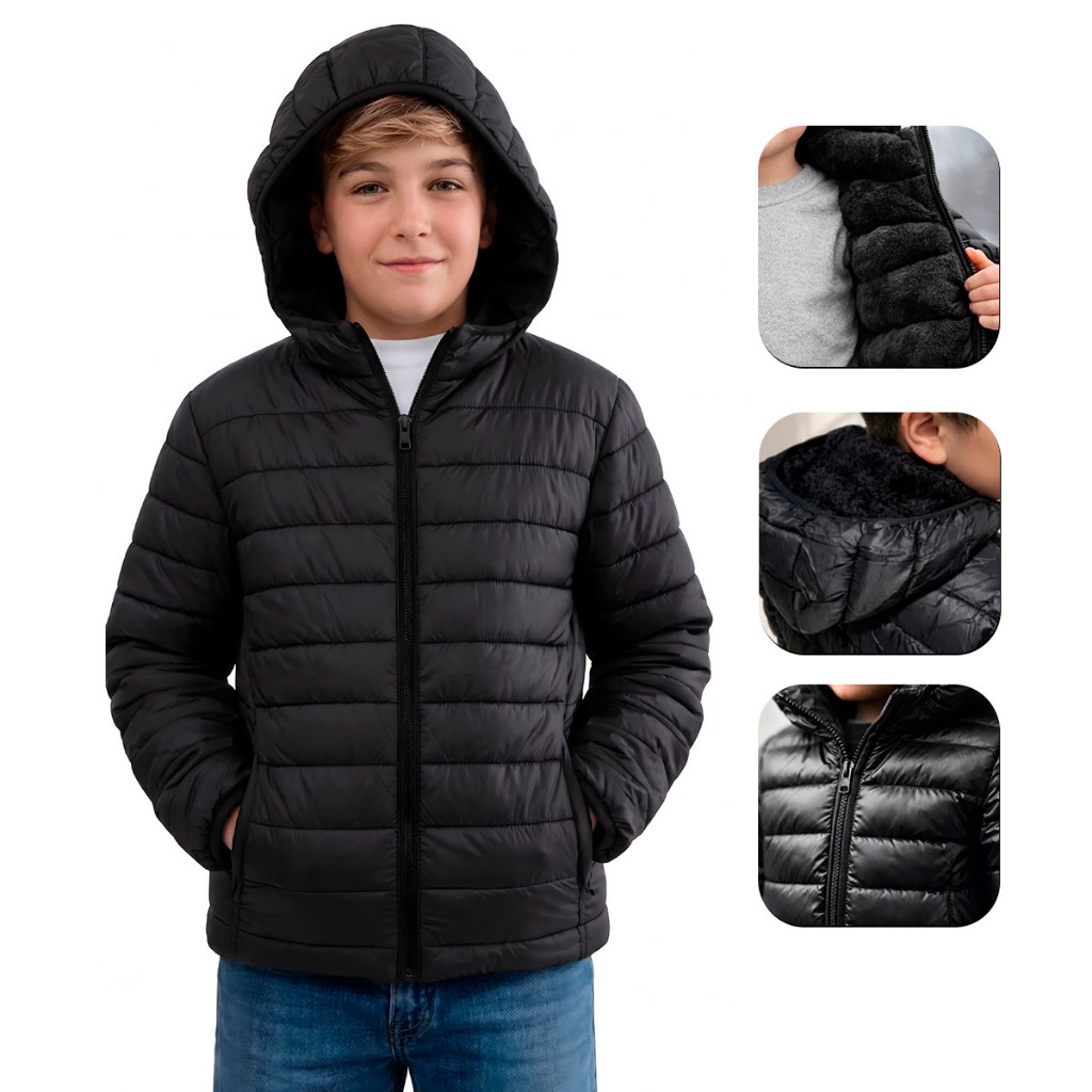 Jaqueta Puffer Infantil Masculino Pelinhos e Touca Inverno Frio Intenso