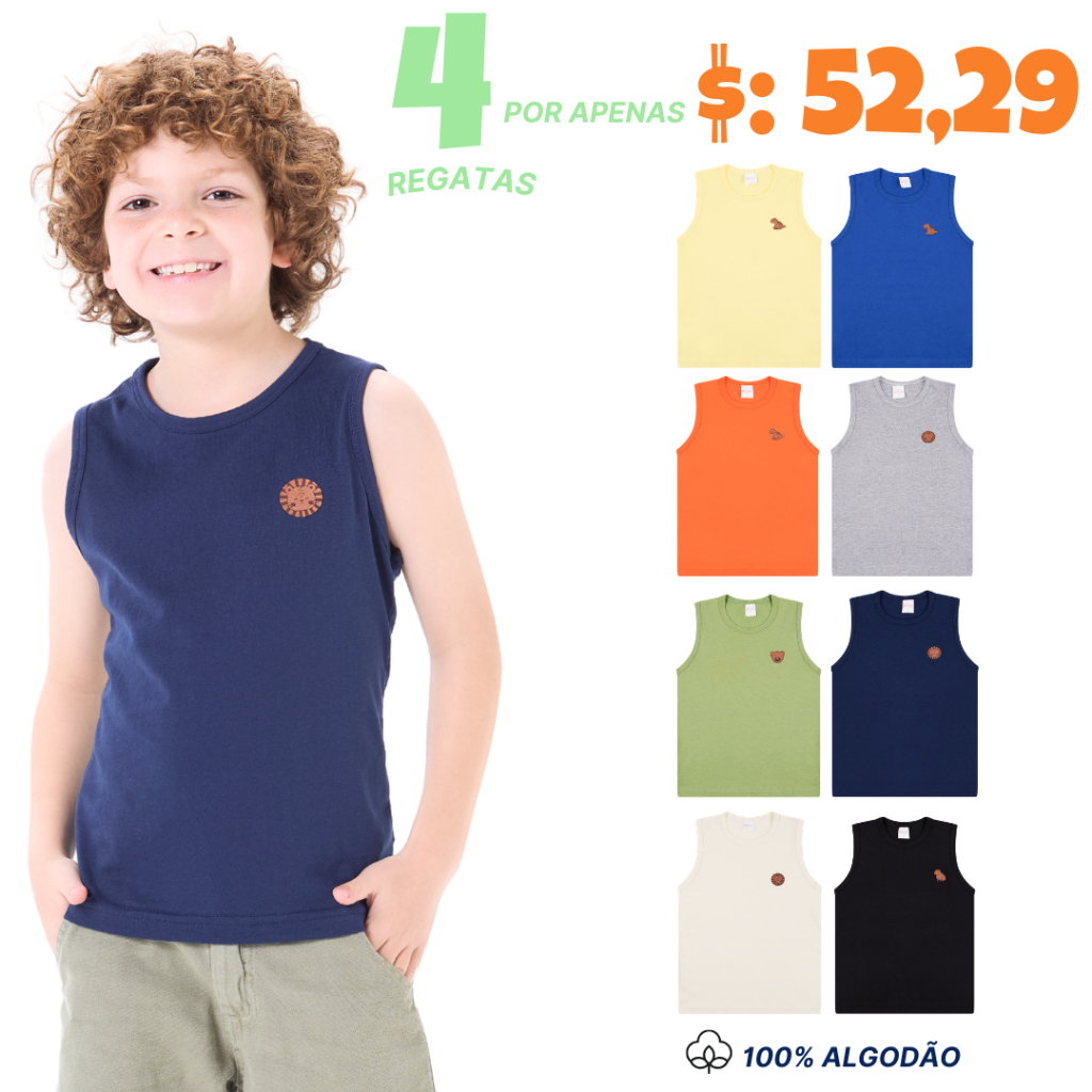 Kit 4 Regatas Infantil Menino em Meia Malha Básica Verão 2 ao 10 anos