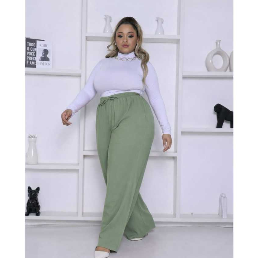 Calça Pantalona Feminina Plus Size Viscolinho Forrada Cintura Alta Com Bolsos Laterais Casual