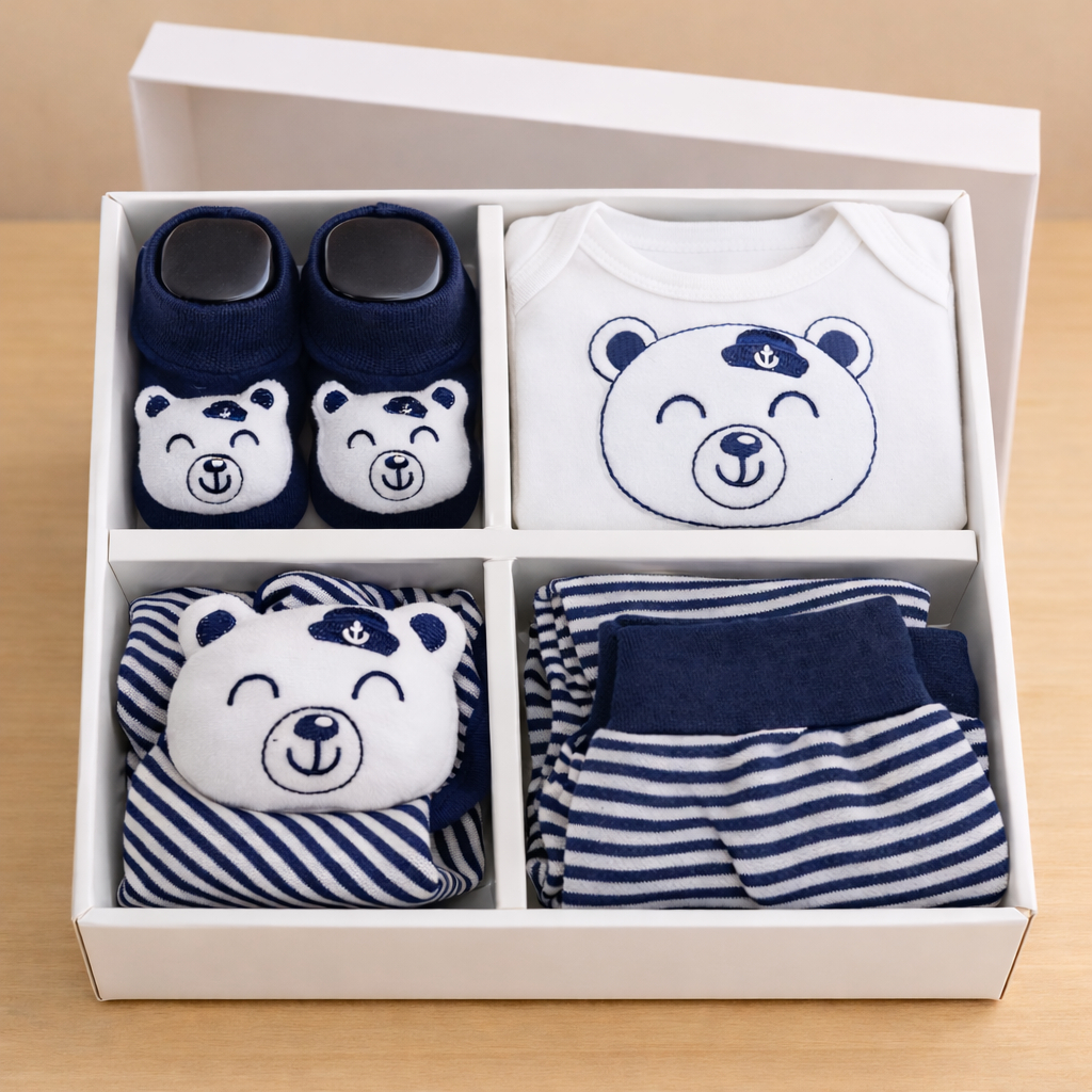Presente Bebê Recém Nascido Body Manga Longa Calça Mijão Meia Pantufa e Naninha Enxoval Menino