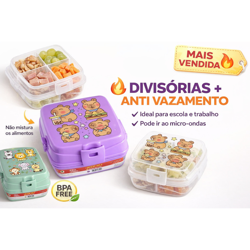 Lancheira Dupla com 4 Divisórias | Marmita Infantil | Anti Vazamento | Capivara e Safari