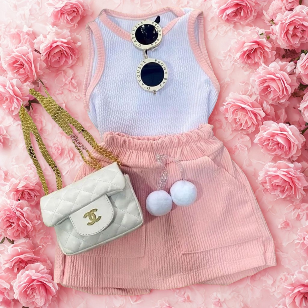 Conjuntos Infantis Menina – Regata Ribana + Short Ana Ruga com PomPom