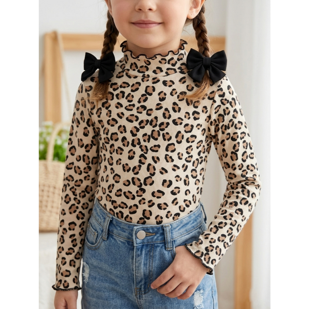 Blusa de Manga Longa Ribana Com Estampa de Onça Quentinha Moda Infantil Feminina