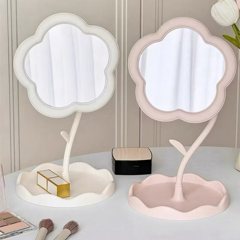 Espelho de Maquiagem de Flor Soft Aesthetic para Mesa de Penteadeira de Escritório Espelho Portátil