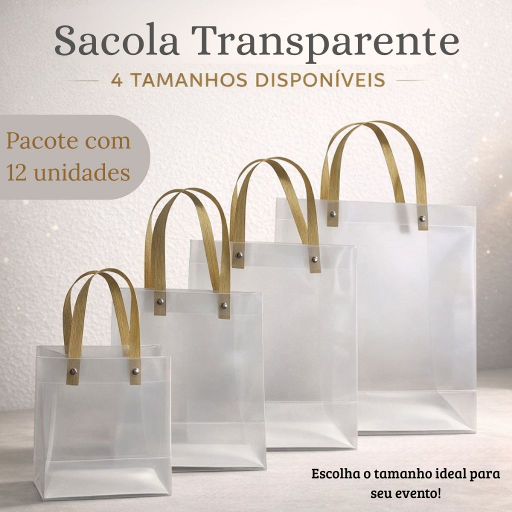 Pacote com 12 Sacola de Presente Transparente Premium | Ideal Para Lembrancinhas e Presentes