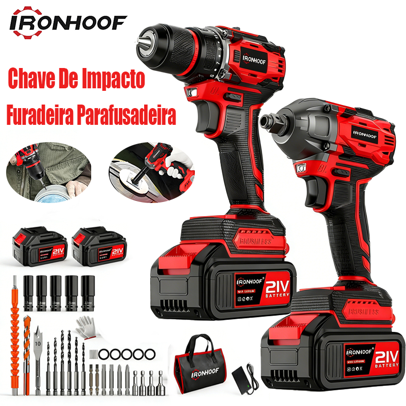 Kit 2 Chave De Impacto + Furadeira Parafusadeira Bivolt Brushless Com 2 Baterias
