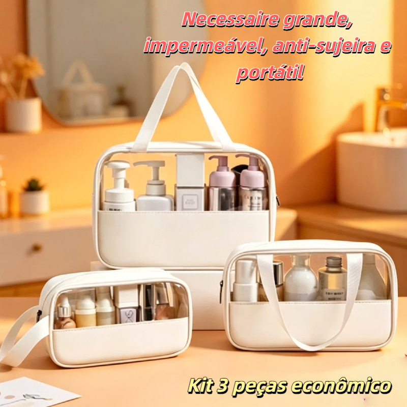 Novo conjunto de 3 necessaires combinadas, semi-transparentes, impermeáveis, grande capacidade, portáteis com alça para