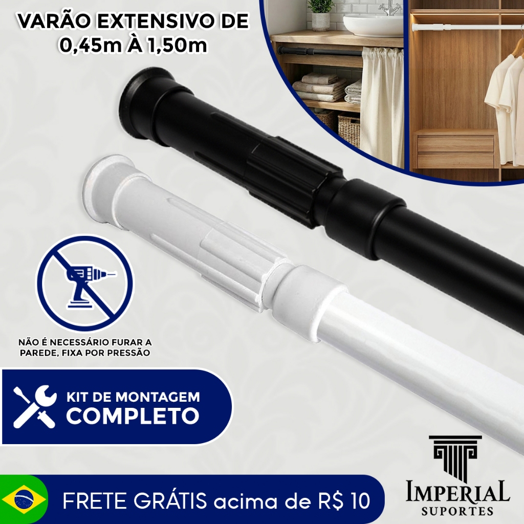 Varão Extensivo Ajustável 0,45m à 1,50m Cortina Box Banheiro Suporte Sem Furo Branco Preto Retrátil
