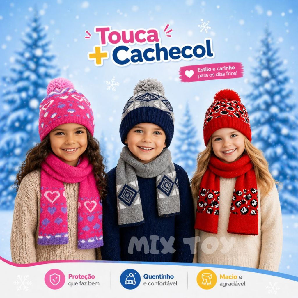 Kit Touca e Cachecol Infantil Inverno Lã Menino e Menina 0230