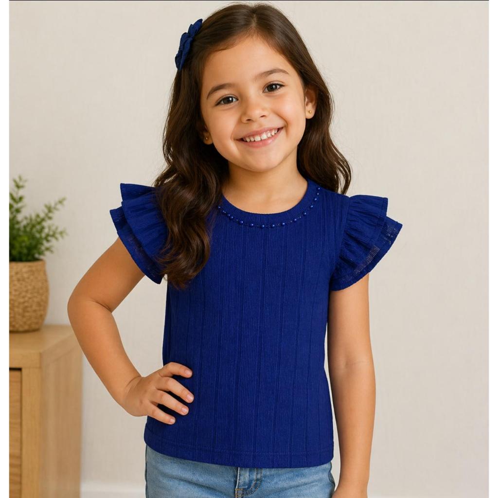 Blusa Infantil Feminina Casual Tecido Malha Anaruga Manga Babado Pérolas em  Várias Cores