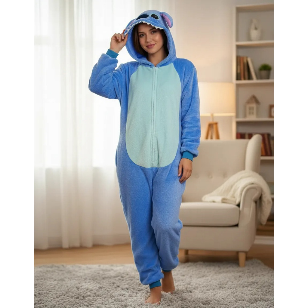 Pijama Stitch Kigurumi com Tecido Macio e Confortável para Adultos e Crianças Inverno