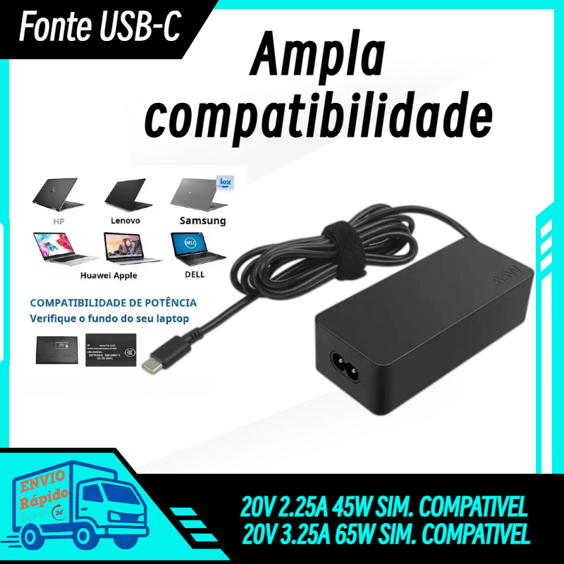 Fonte Carregador Compatível Notebook Lenovo Dell Hp 65w Type-c Usb-c e celular 65W Bivolt