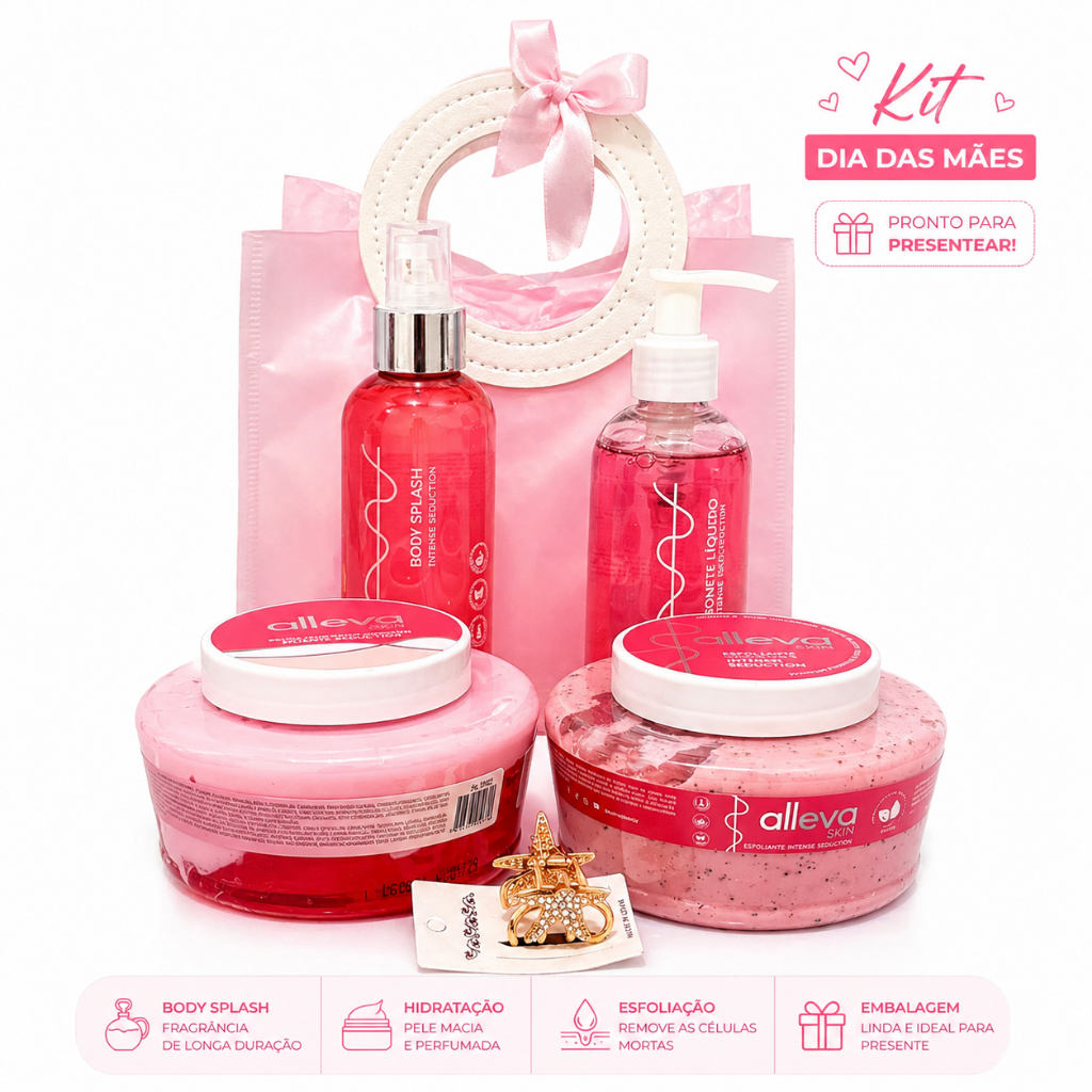Kit Dia das Mães Presente Feminino Body Splash Geleia Hidratante Sabonete Líquido Esfoliante c/ Sacola