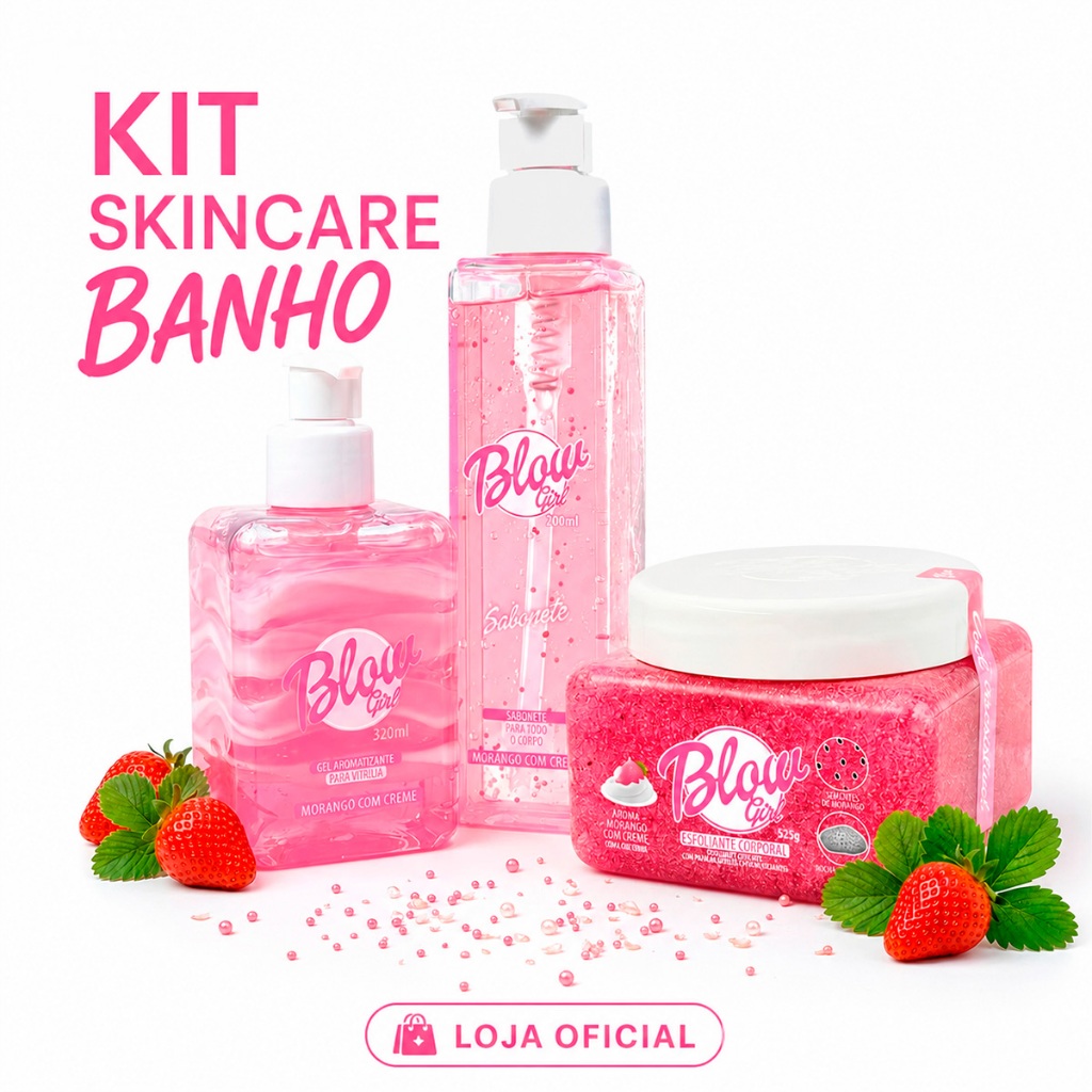 Kit Skincare No Banho Morango Blow Girl Sabonete Esfoliante Hidratante Pele De Seda