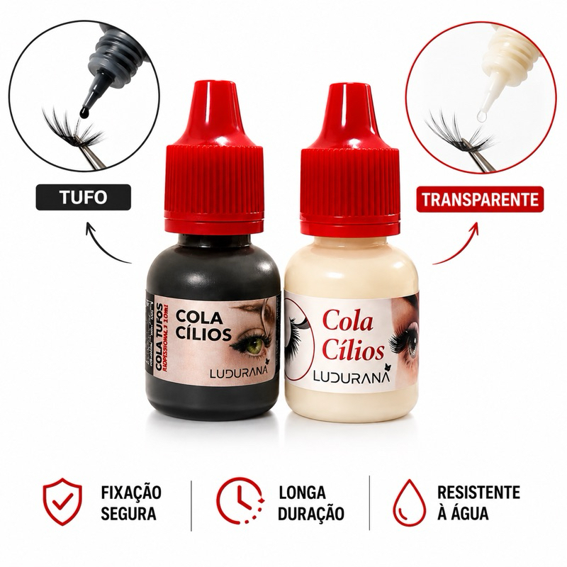 Cola para Cílios Ludurana 10ml Fácil Aplicação Não Solta Secagem Rápida Transparente ou Preta
