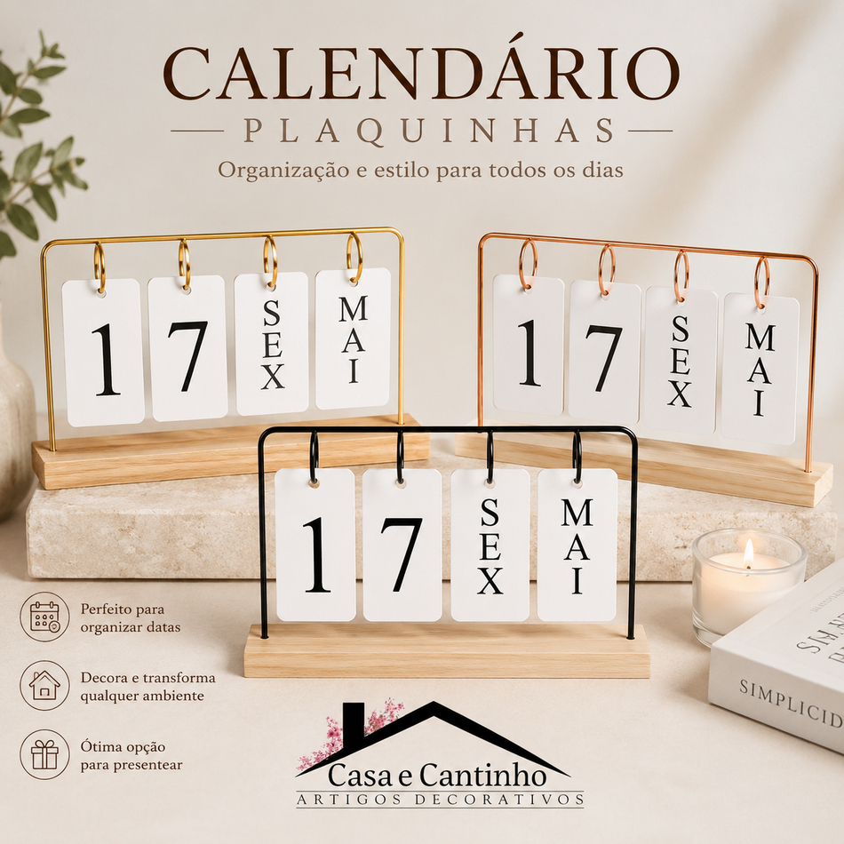 Calendário de Mesa Decorativo com Plaquinhas Preto/Dourado Permanente Escritório