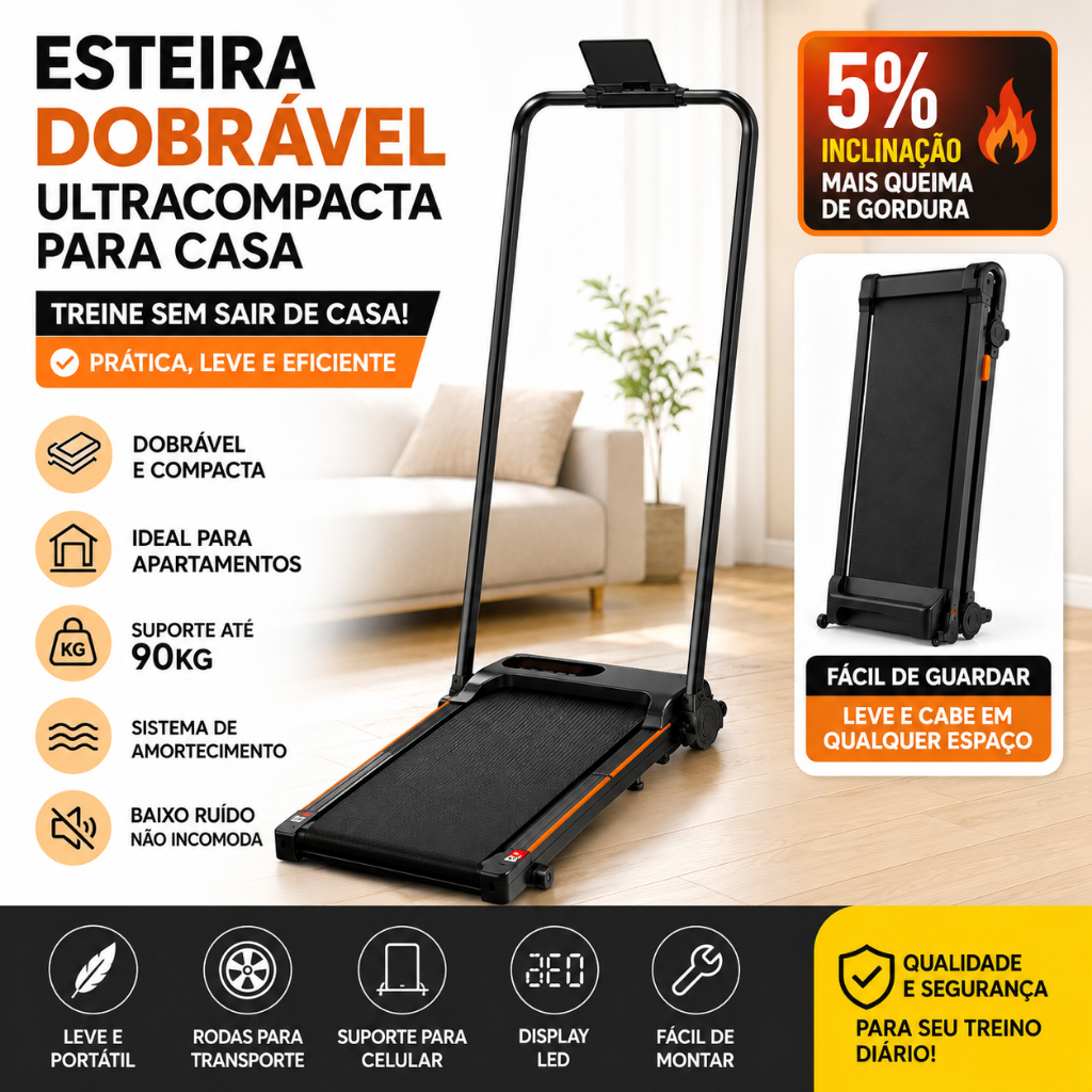 DEEYI Esteira Dobrável 2.0 HP - Mini para Casa c/ Funções LED Amortecimento e Design Compacto