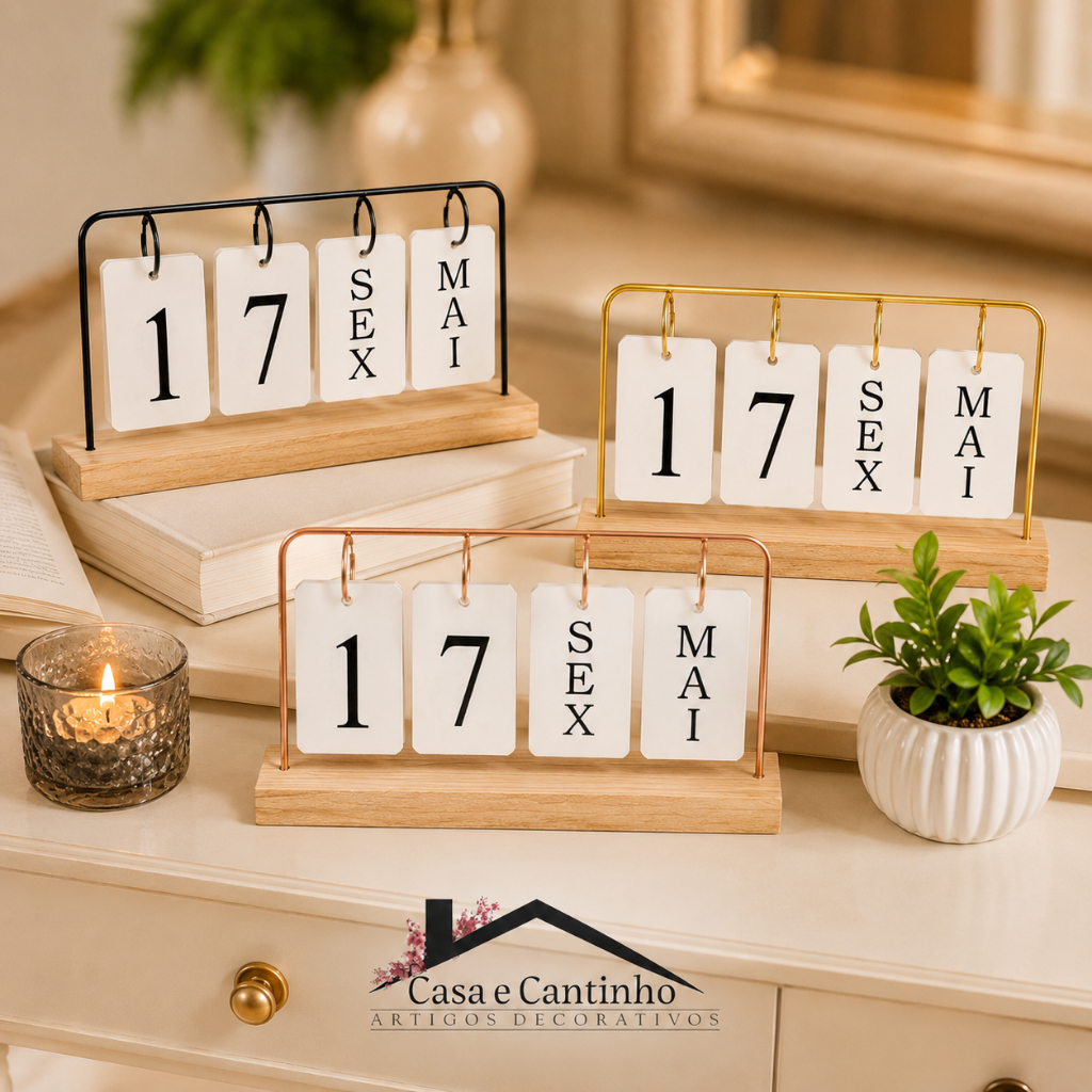 Calendário de Mesa Decorativo com Plaquinhas Dupla Face Preto/Rose/Dourado Permanente Escritório