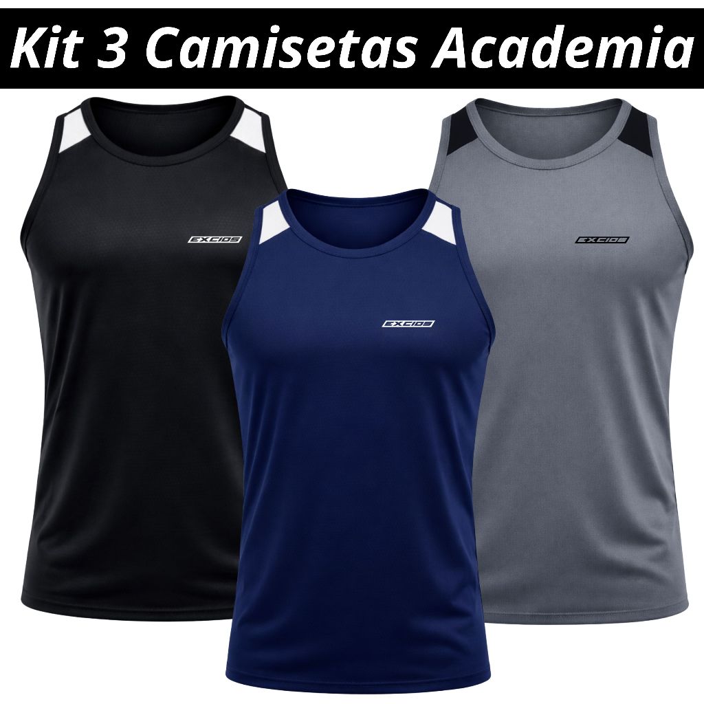 Kit 3 Regatas Masculinas Dry Fit Academia Treino Fitness Corrida Musculação Leve Conforto Dia a Dia
