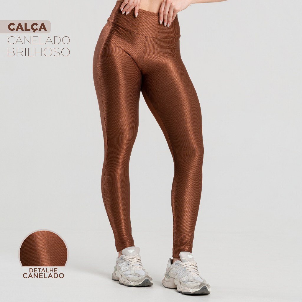 Calça Legging Fitness Feminina – Canelada Cintura Alta Modeladora com Brilho